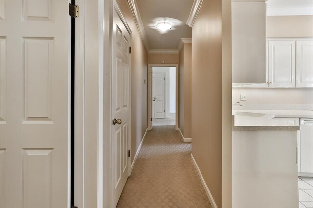 11920 Old Ballas Rd Unit 202, Saint Louis, MO 63141 - corridor featuring ornamental molding, baseboards, a sink, and light carpet