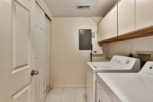 11920 Old Ballas Rd Unit 202, Saint Louis, MO 63141 - laundry area featuring cabinet space, electric panel, independent washer and dryer, light tile patterned flooring, and baseboards