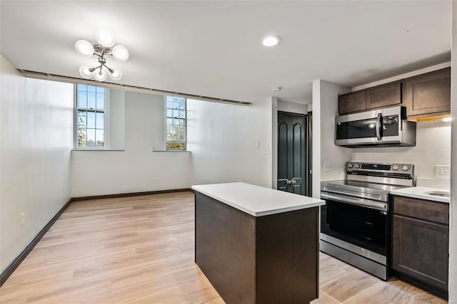 1052 S Kingshighway Blvd, Saint Louis, MO 63110 - kitchen with appliances with stainless steel finishes, dark brown cabinetry, light countertops, a kitchen island, and baseboards