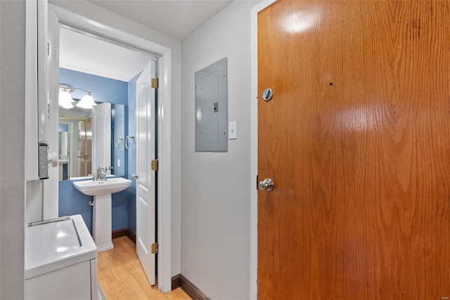 1052 S Kingshighway Blvd, Saint Louis, MO 63110 - hall with electric panel, light wood-type flooring, and baseboards
