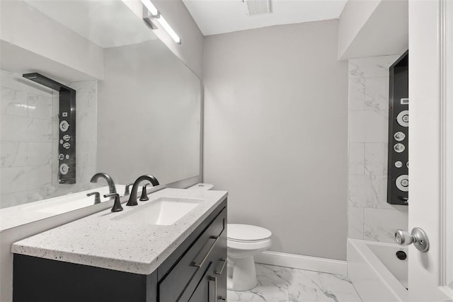 1052 S Kingshighway Blvd, Saint Louis, MO 63110 - full bath with marble finish floors, baseboards, vanity, toilet, and  shower combination