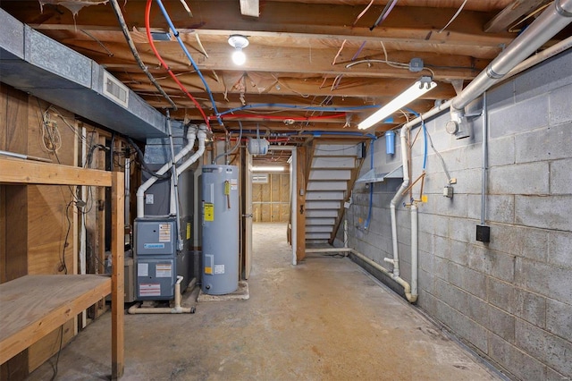 unfinished basement featuring water heater and heating unit