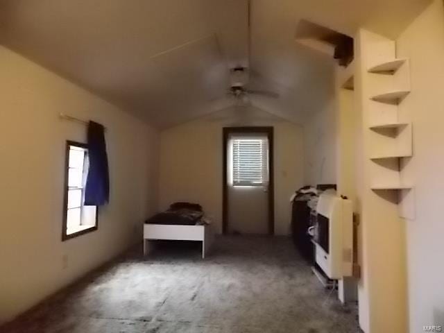 109 E Hicks, Cardwell, MO 63829 - additional living space featuring a ceiling fan, vaulted ceiling, heating unit, and carpet