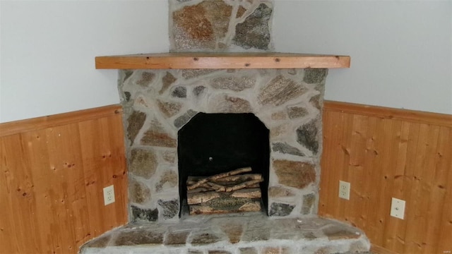 detailed view of a wainscoted wall, a stone fireplace, and wood walls