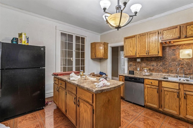 5029 Wells Ave, Saint Louis, MO 63113 - kitchen featuring freestanding refrigerator, stainless steel dishwasher, a sink, a kitchen island, and tasteful backsplash