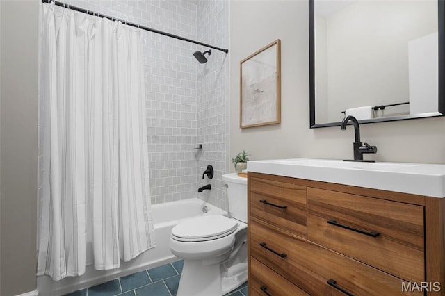 full bath featuring shower / bath combination with curtain, toilet, tile patterned floors, and vanity