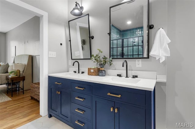 bathroom featuring wood finished floors and double vanity