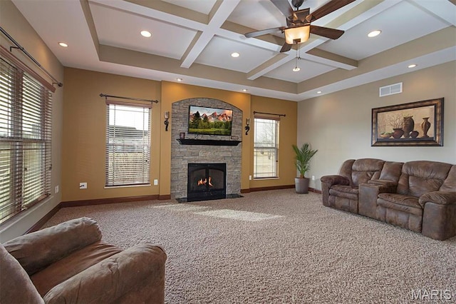 9606 Klings Ct, Mascoutah, IL 62258 - carpeted living room with coffered ceiling, baseboards, a ceiling fan, plenty of natural light, and recessed lighting