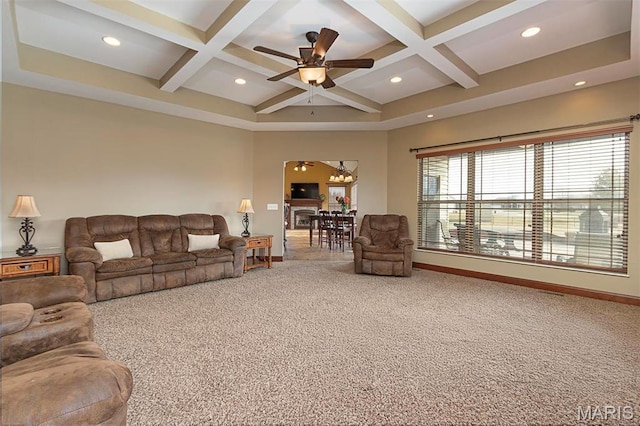 9606 Klings Ct, Mascoutah, IL 62258 - carpeted living area featuring coffered ceiling, a ceiling fan, beamed ceiling, baseboards, and recessed lighting