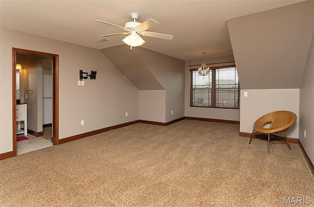 9606 Klings Ct, Mascoutah, IL 62258 - bonus room with light carpet, ceiling fan, baseboards, a chandelier, and vaulted ceiling