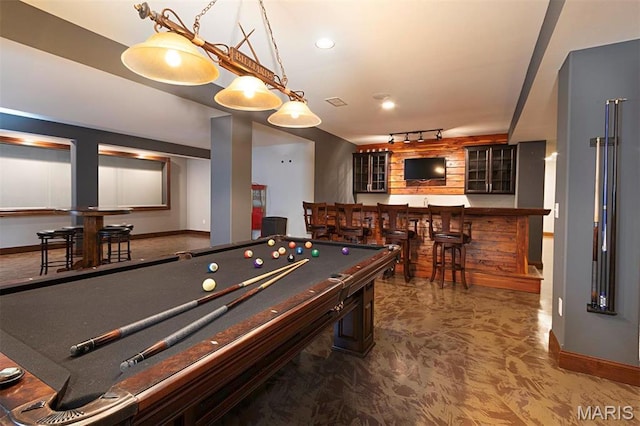 9606 Klings Ct, Mascoutah, IL 62258 - game room with rail lighting, bar area, billiards table, and baseboards
