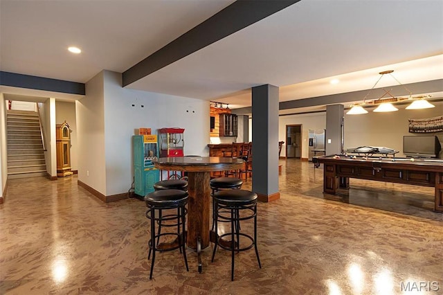 9606 Klings Ct, Mascoutah, IL 62258 - indoor dry bar with baseboards, concrete floors, stairway, recessed lighting, and decorative light fixtures