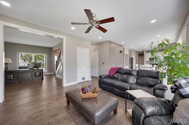1218 Cold Spring Dr, Ofallon, MO 63368 - living area with ceiling fan, wood finished floors, recessed lighting, stairway, and baseboards