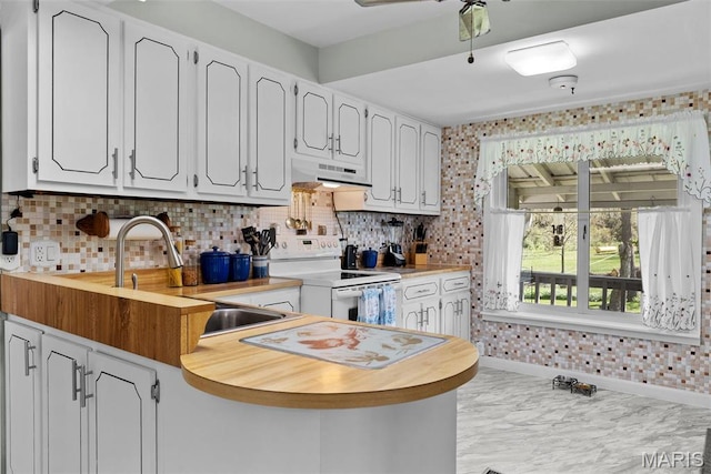 kitchen with white range with electric cooktop, under cabinet range hood, a sink, and white cabinetry