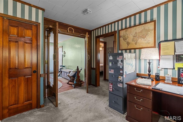 office featuring wallpapered walls and carpet flooring