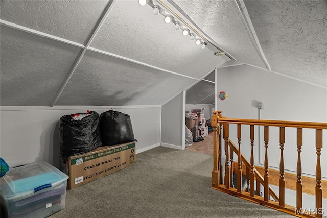 additional living space featuring a textured ceiling, vaulted ceiling, carpet flooring, and baseboards