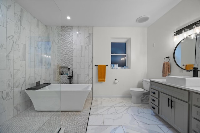5818 Westminster Pl, Saint Louis, MO 63112 - full bathroom with marble finish flooring, a soaking tub, vanity, toilet, and recessed lighting