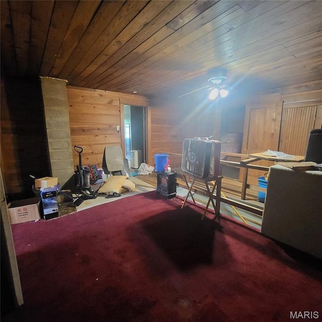 808 Walnut St, Doniphan, MO 63935 - living area featuring wood ceiling, wood walls, and a ceiling fan