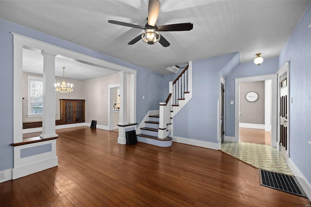 211 E Alton St, Marine, IL 62061 - unfurnished living room with wood-type flooring, ceiling fan, stairway, and baseboards