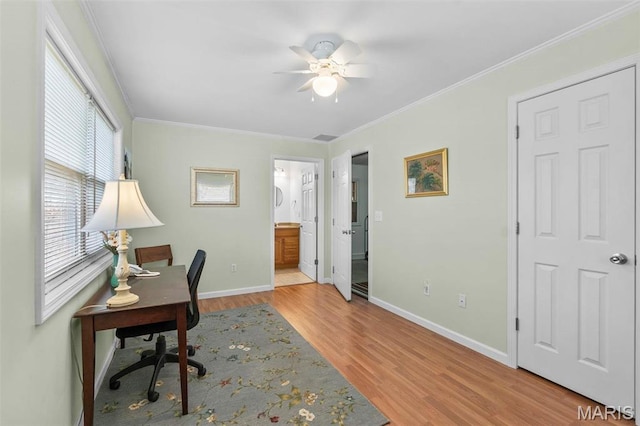 1451 Bella Vista Dr, Jackson, MO 63755 - office featuring a ceiling fan, wood finished floors, baseboards, and ornamental molding