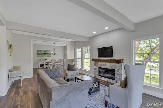 3560 Saint Albans Rd, Saint Albans, MO 63073 - living area with baseboards, wood finished floors, recessed lighting, a chandelier, and a stone fireplace