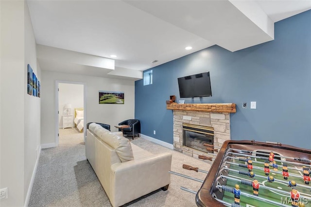 3560 Saint Albans Rd, Saint Albans, MO 63073 - living room featuring carpet, recessed lighting, baseboards, and a stone fireplace