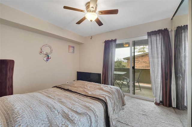 bedroom featuring access to outside, carpet floors, and ceiling fan