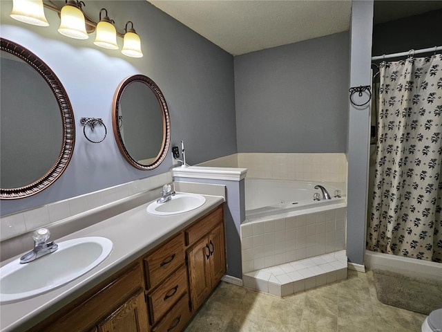 19782 Sugar Ln, Waynesville, MO 65583 - bathroom featuring a whirlpool tub, a shower with curtain, double vanity, and tile patterned flooring