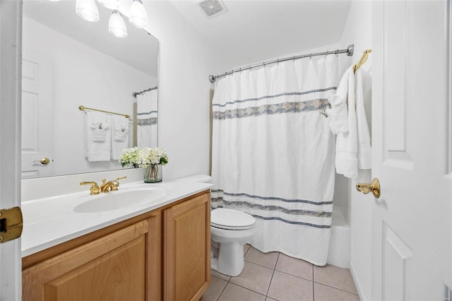 full bath featuring tile patterned floors, toilet, vanity, and shower / bathtub combination with curtain