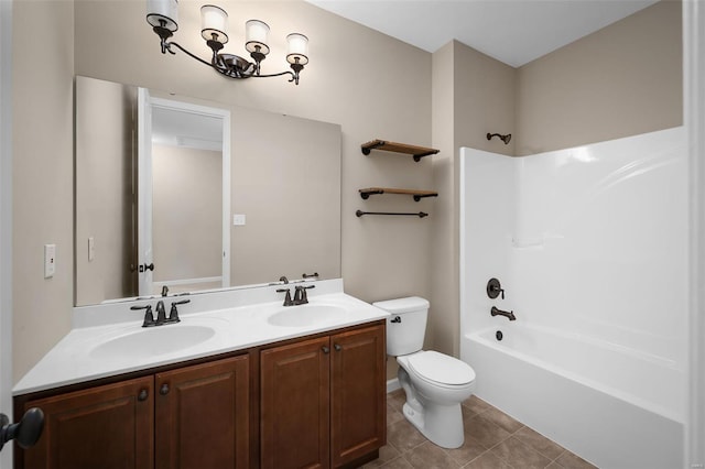4036 Hempstead St, Saint Charles, MO 63301 - full bath featuring toilet, double vanity,  shower combination, tile patterned floors, and a chandelier