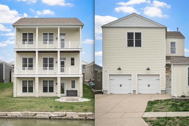 4036 Hempstead St, Saint Charles, MO 63301 - view of front facade featuring a balcony, concrete driveway, a garage, and a front yard