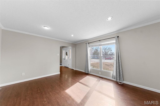 655 Lakewood Dr, Lake St Louis, MO 63367 - empty room featuring wood finished floors, a textured ceiling, baseboards, crown molding, and recessed lighting