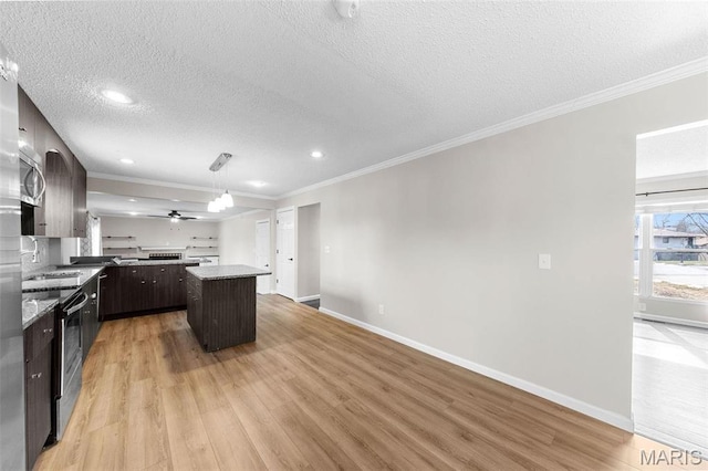 655 Lakewood Dr, Lake St Louis, MO 63367 - kitchen featuring stainless steel appliances, ornamental molding, light wood-type flooring, a textured ceiling, and dark brown cabinetry