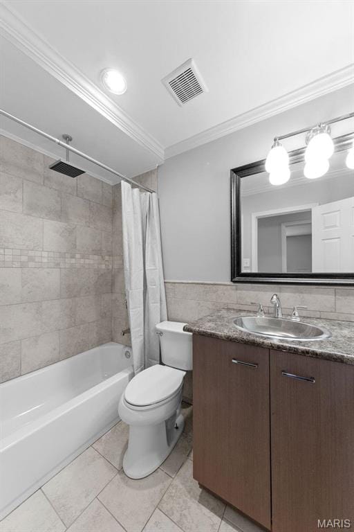 655 Lakewood Dr, Lake St Louis, MO 63367 - bathroom with tile walls, vanity, shower / bathtub combination with curtain, toilet, and ornamental molding