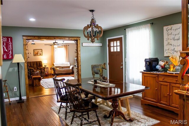 1303 W Coffman St, Salem, MO 65560 - dining area with dark wood-type flooring, plenty of natural light, a chandelier, recessed lighting, and ceiling fan