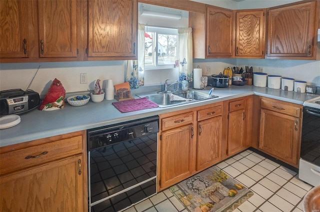 403 S Maple St Unit 403-405, Staunton, IL 62088 - kitchen featuring black dishwasher, a sink, light countertops, light tile patterned floors, and stainless steel electric range