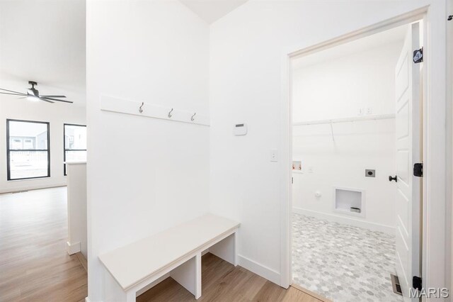 108 Chickasaw Ln, Ofallon, IL 62269 - mudroom with light wood-style flooring, a ceiling fan, and baseboards