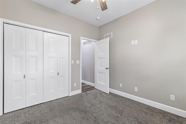 725 Deerfield Ln, Farmington, MO 63640 - unfurnished bedroom with carpet flooring, a closet, baseboards, and ceiling fan