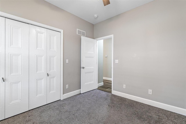 725 Deerfield Ln, Farmington, MO 63640 - unfurnished bedroom with carpet floors, baseboards, a closet, and ceiling fan