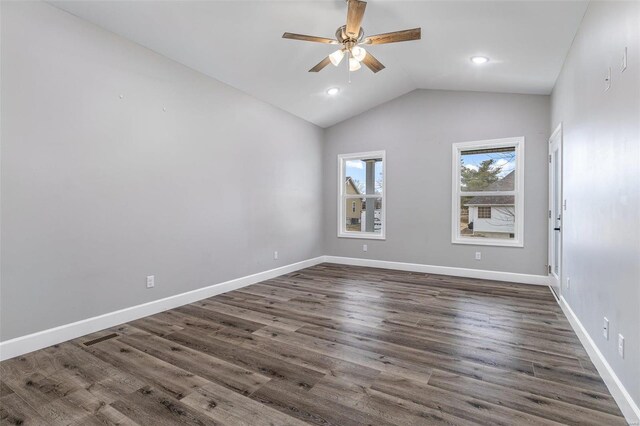 725 Deerfield Ln, Farmington, MO 63640 - empty room featuring a ceiling fan, lofted ceiling, dark wood-type flooring, baseboards, and recessed lighting