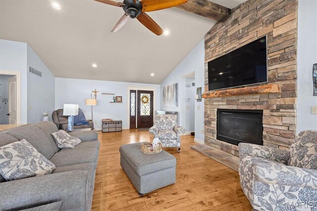 2016 Richview Dr, Saint Jacob, IL 62281 - living room featuring a stone fireplace, light wood-type flooring, ceiling fan, and recessed lighting
