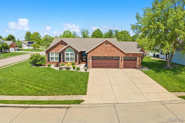 2016 Richview Dr, Saint Jacob, IL 62281 - ranch-style home with brick siding, an attached garage, a front lawn, and concrete driveway
