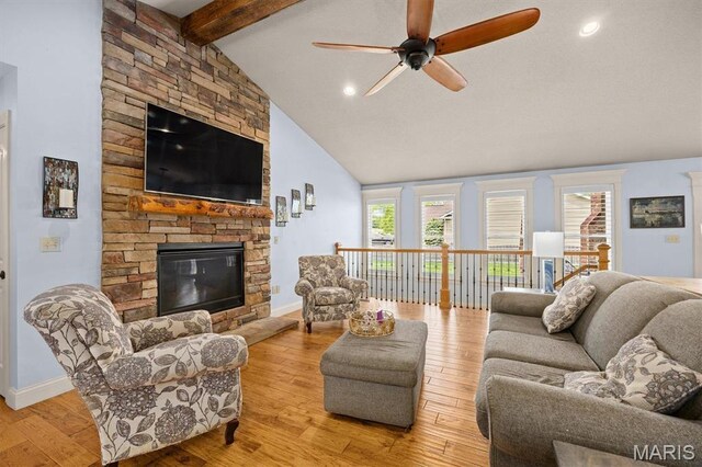 2016 Richview Dr, Saint Jacob, IL 62281 - living area featuring ceiling fan, wood finished floors, baseboards, a fireplace, and recessed lighting