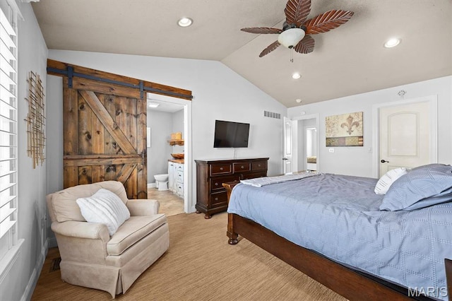 2016 Richview Dr, Saint Jacob, IL 62281 - bedroom featuring lofted ceiling, a barn door, ensuite bathroom, recessed lighting, and ceiling fan