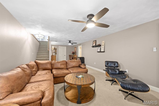 2016 Richview Dr, Saint Jacob, IL 62281 - living room with stairway, a ceiling fan, baseboards, and light colored carpet