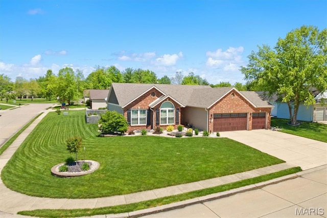 2016 Richview Dr, Saint Jacob, IL 62281 - ranch-style home featuring brick siding, a garage, concrete driveway, and a front lawn