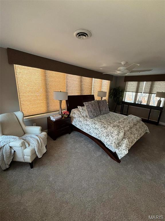 7810 Lafon Pl, University City, MO 63130 - bedroom featuring dark carpet and ceiling fan