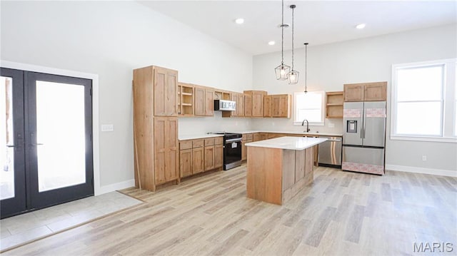 20167 County Road 7300, Newburg, MO 65560 - kitchen with open shelves, appliances with stainless steel finishes, french doors, a sink, and a towering ceiling