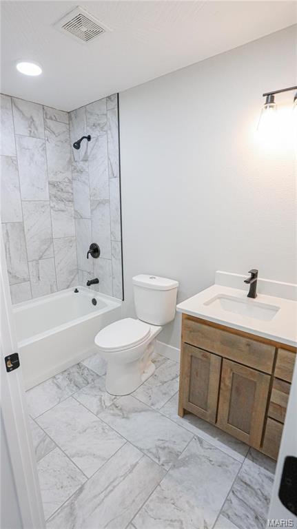 20167 County Road 7300, Newburg, MO 65560 - bathroom with marble look tile flooring, vanity, toilet, washtub / shower combination, and recessed lighting