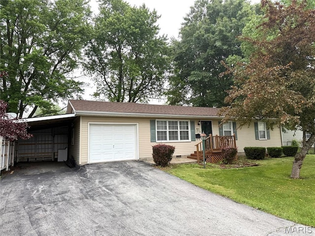 15 W Bibb Dr, Bowling Green, MO 63334 - ranch-style home featuring a front lawn, an attached garage, driveway, an attached carport, and crawl space